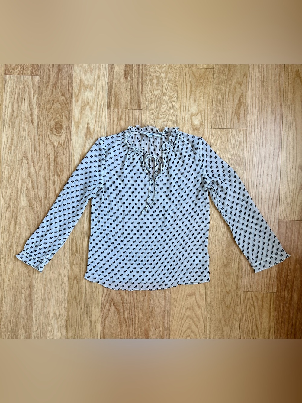 Boden Sheer Swiss Dot Ruffle Tie-Neck Blouse Cream Black US 6